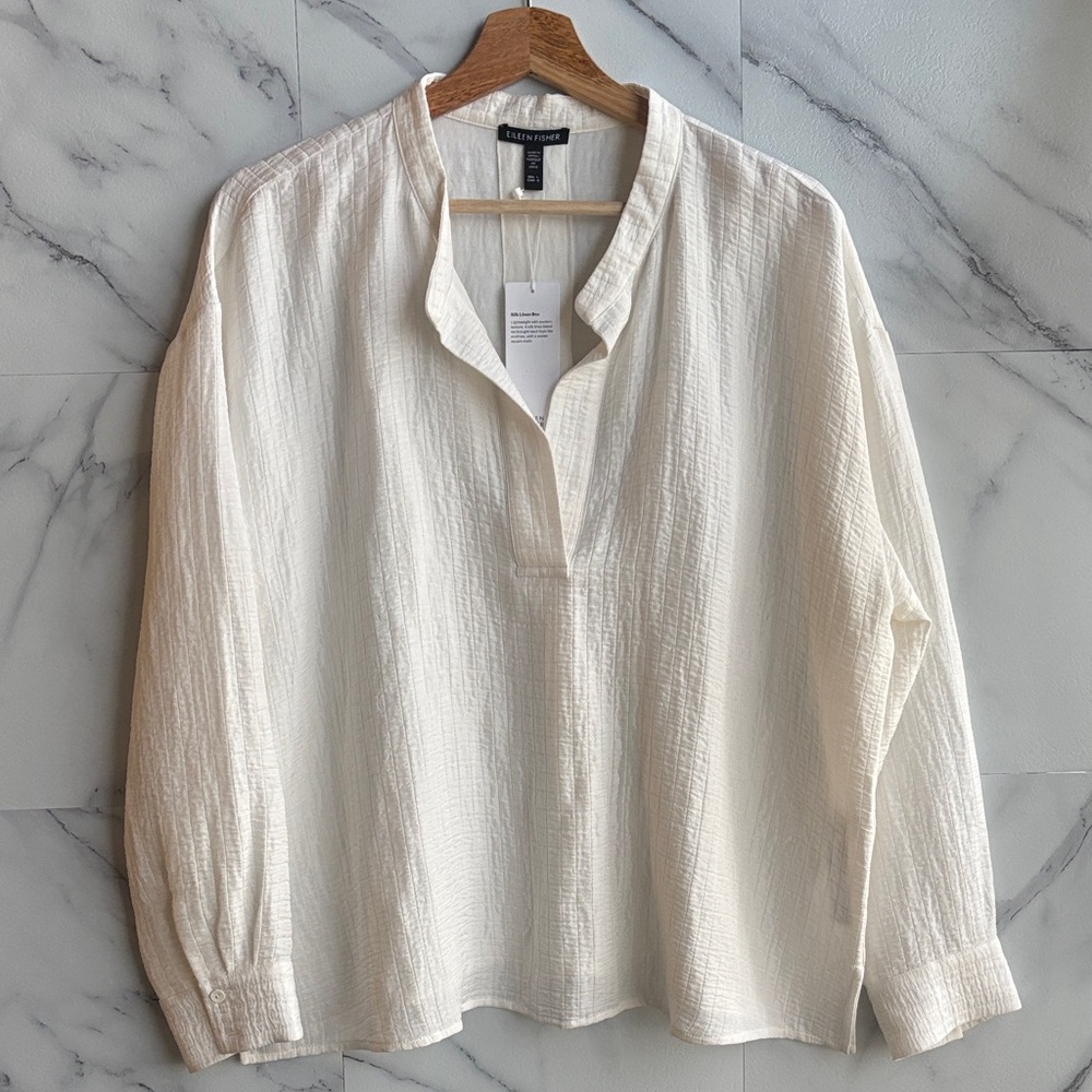 Eileen Fisher Silk Linen Box Band Collar Top Size Large - Picture 5 of 8